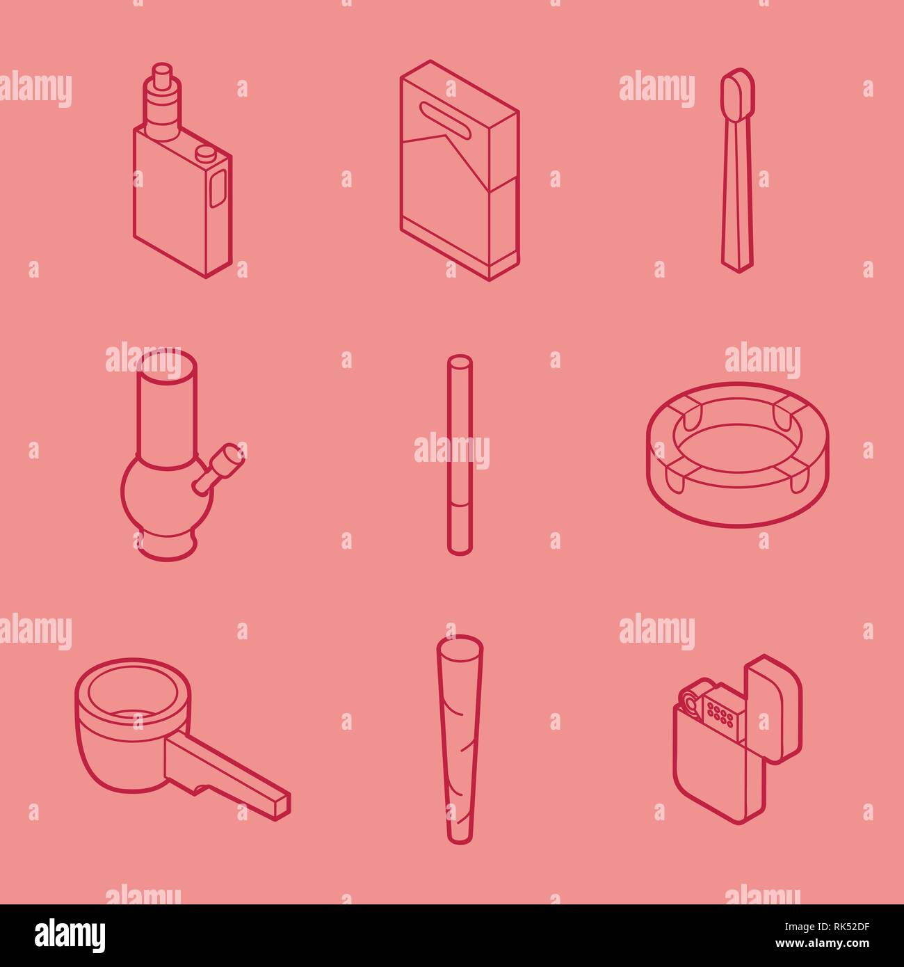 Smoking flat outline isometric set. Vector illustration, EPS 10 Stock Vector