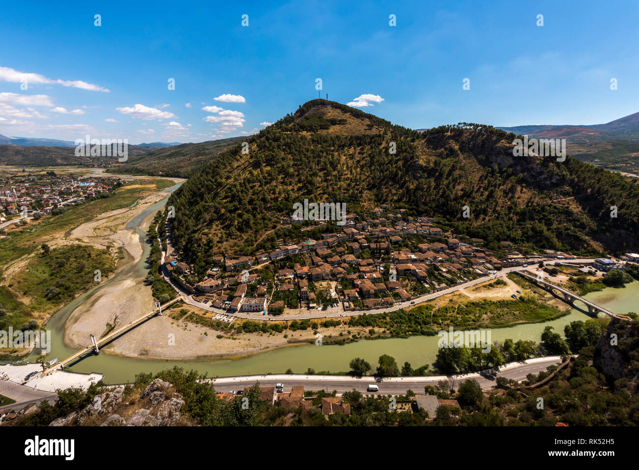 Scenic view of Berat old town surrounded by a river loop of Osumit river, Mangalem district, Albania Stock Photo