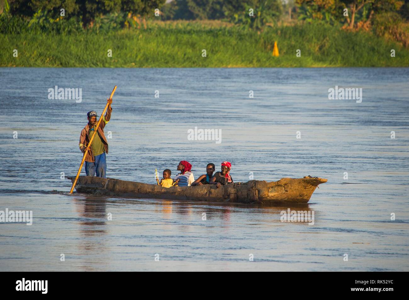 Local people in canoe on the Shire river, Malawi, Africa Stock Photo