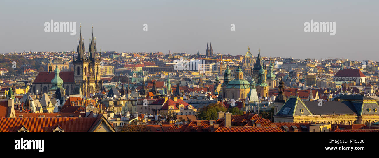 Prague - The panorama of Town and the church of Our Lady before Týn in the evening light. Stock Photo