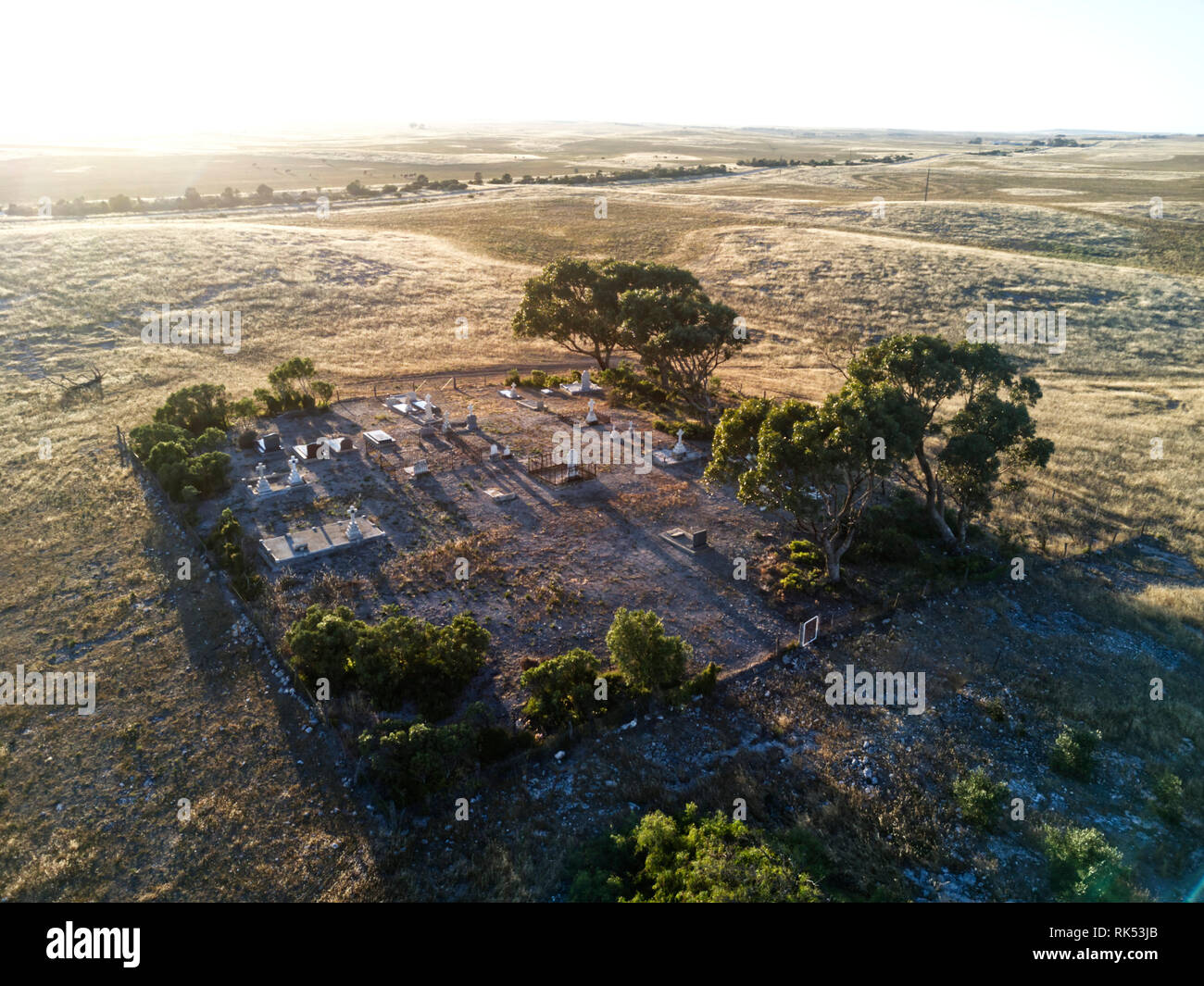 Aerial of Colton catholic cemetery the resting place of George Tramountanas (North) the first Greek to settle in South Australia a historic site Colto Stock Photo