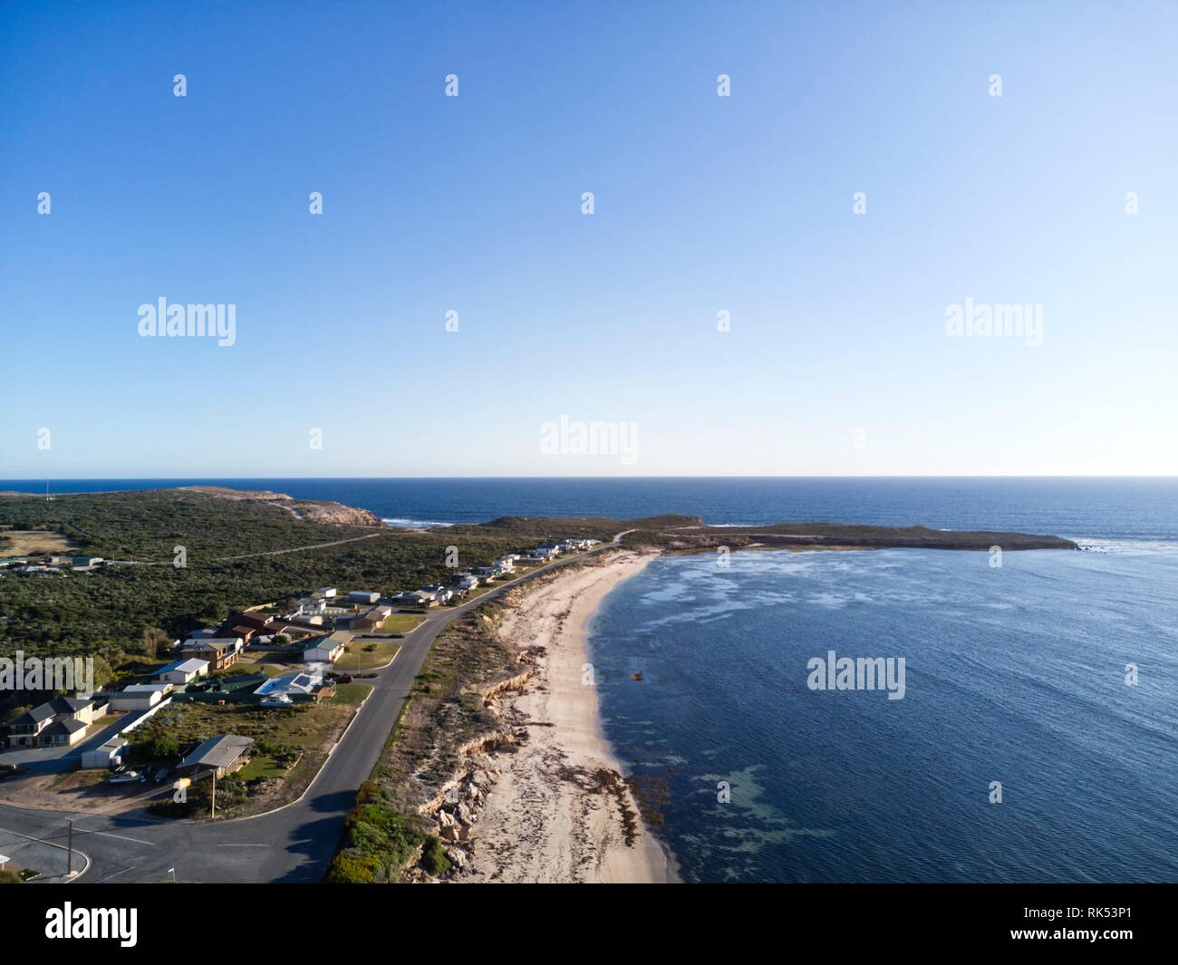 Aerial of holiday homes in the historic coastal village of Elliston