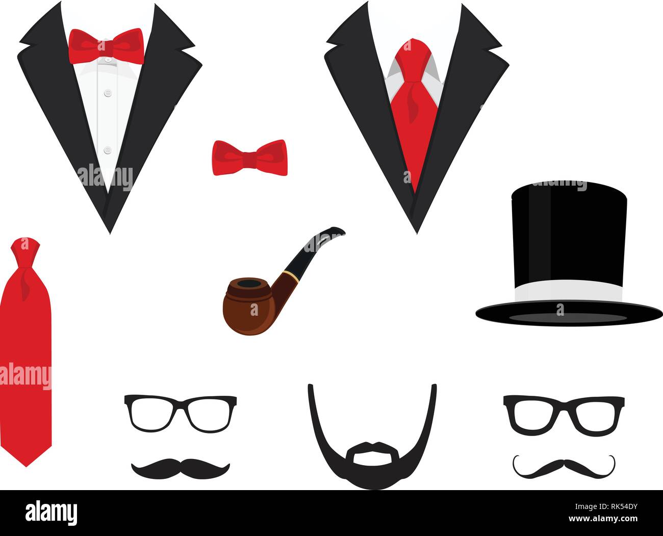 Men's jackets. Tuxedo with mustaches, glasses, beard, pipe and top hat. Wedding suits with bow tie and with necktie. Vector illustration Stock Vector