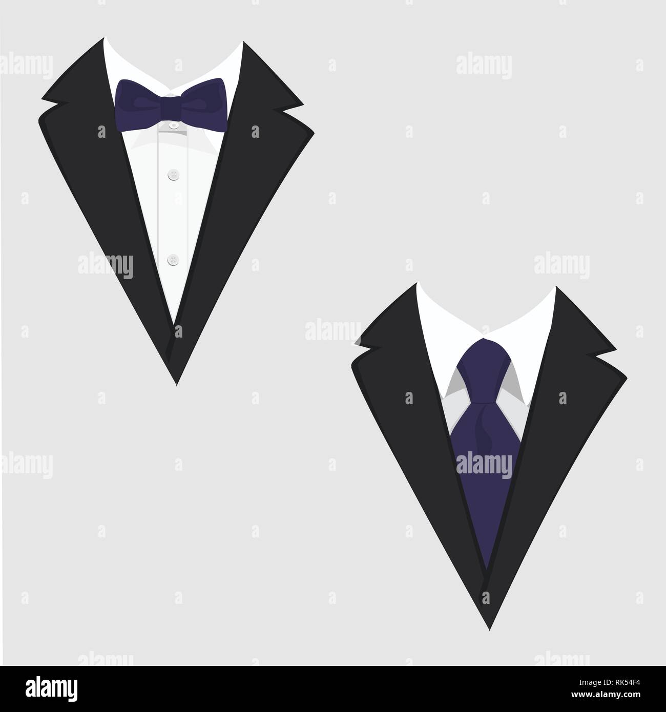 Men's jackets. Tuxedo. Wedding suits with bow tie and with necktie. Vector illustration Stock Vector