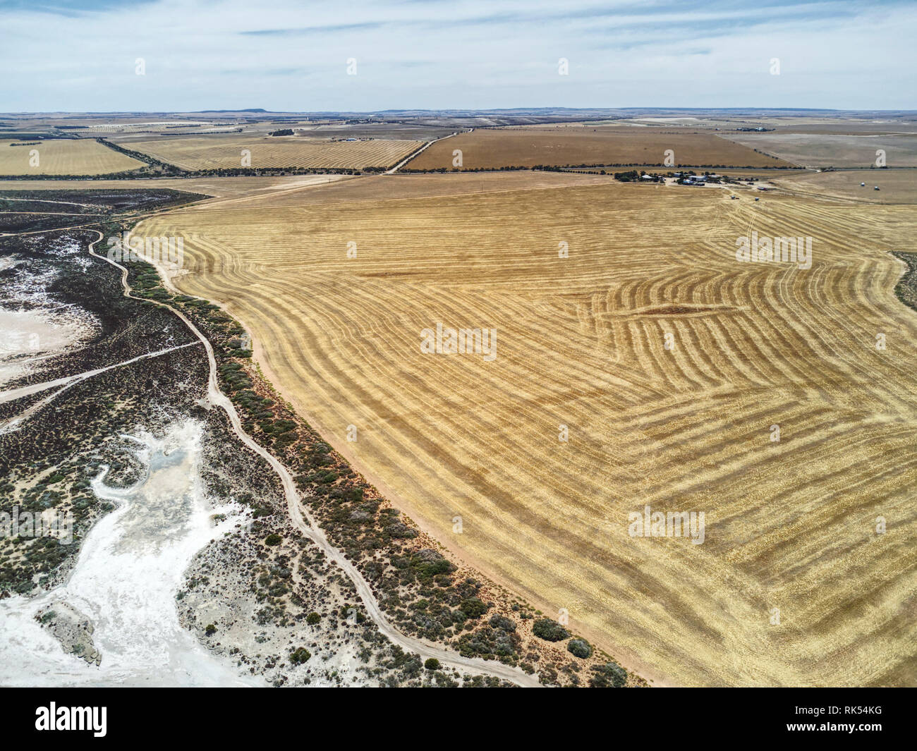 Aerial of the wheat farmland developed on the scenic coastal strip of land near the small coastal community of Port Neill Spencer Gulf Eyre Peninsula  Stock Photo