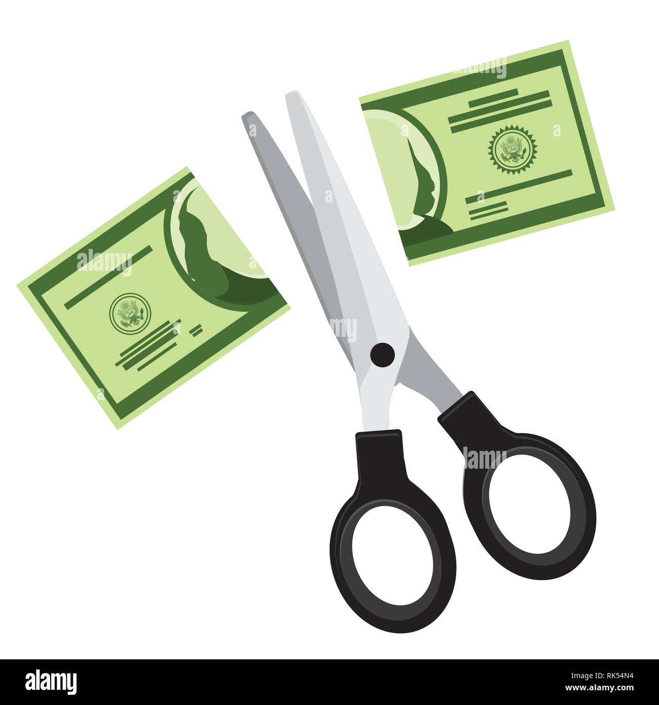 Cutting or lowering, lower price concept. Scissors cutting money bill
