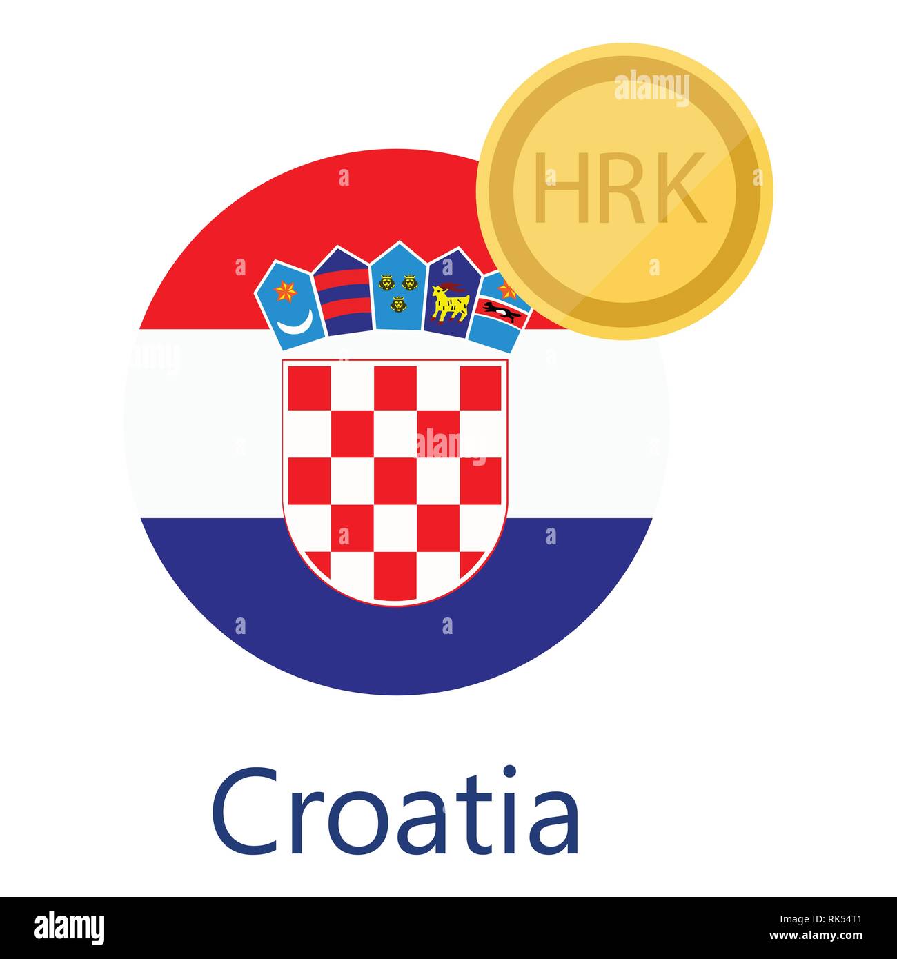 Vector illustration Croatian round flag and currency symbols HRK. Croatian Kuna. Croatia Stock Vector