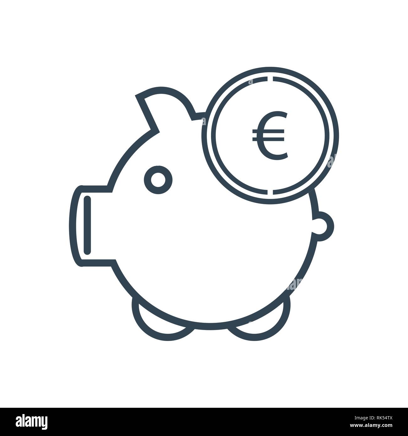 Vector illustration line, outline drawing savings, piggy bank icon with euro coin web icon isolated on white background. Earnings Stock Vector