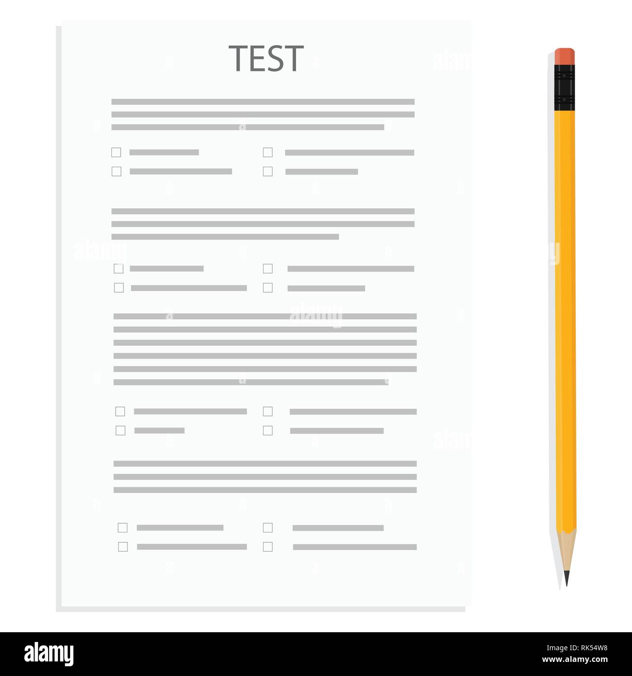 Vector illustration test, exam paper and pencil. Exam, or survey