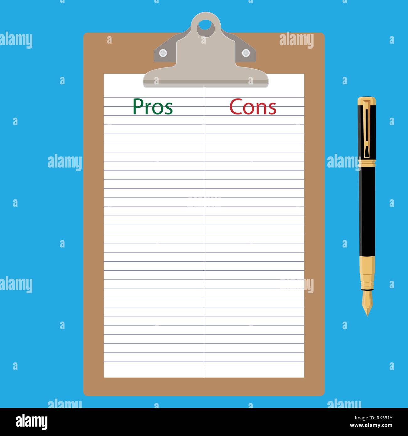 Pros cons concept. Pros Cons list paper on clipboard with pen. Vector