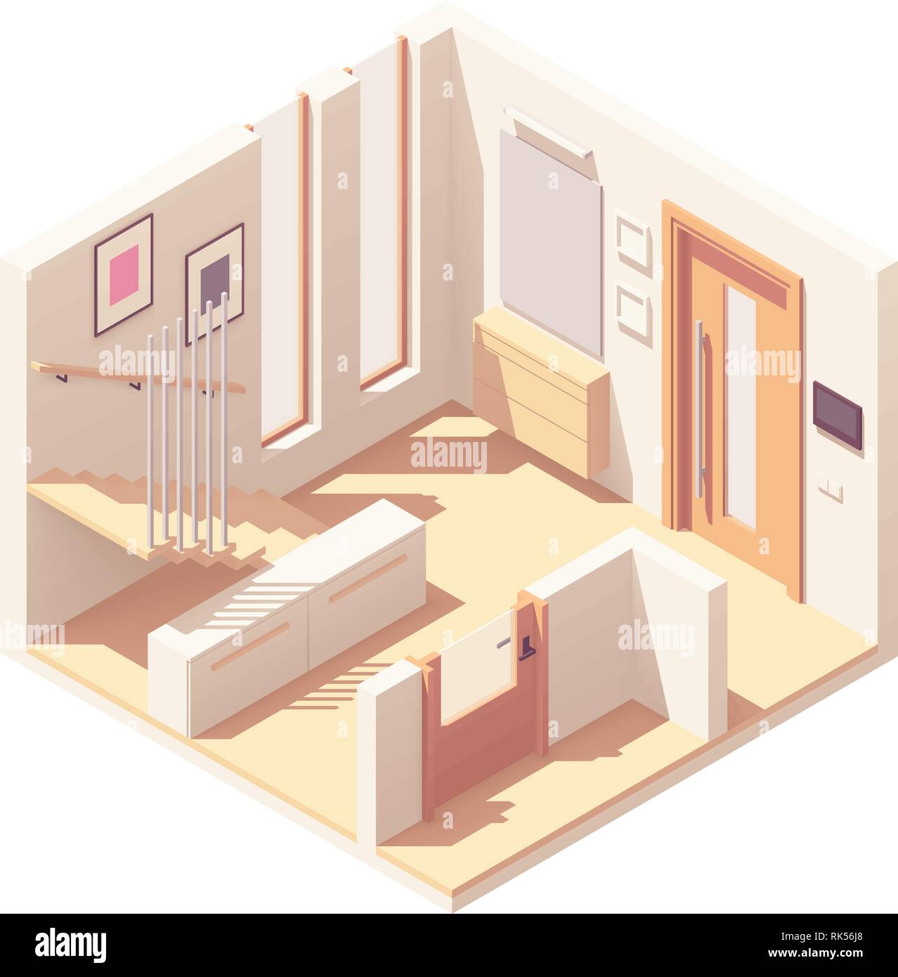 Vector isometric hallway with wooden staircase Stock Vector