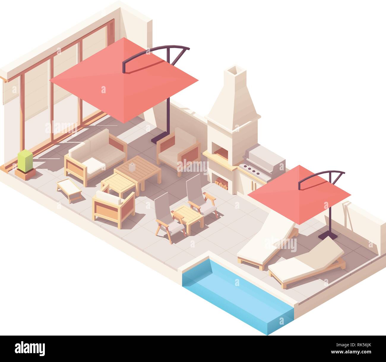 Vector isometric patio with barbecue and pool Stock Vector