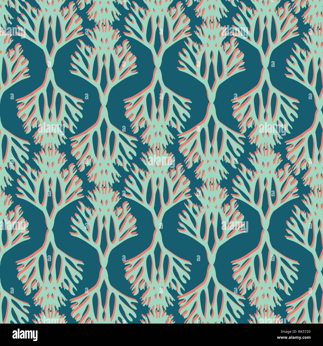 Colorful Duotone Coral Silhouette Seamless Pattern on Green Stock Vector