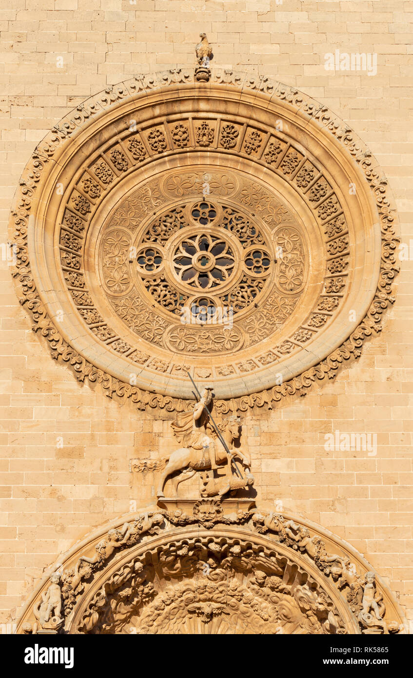 PALMA DE MALLORCA, SPAIN - JANUARY 27, 2019: The detail of baroque portal of church Iglesia de San Francisco by Pere Horrach and Francisco de Herrera  Stock Photo