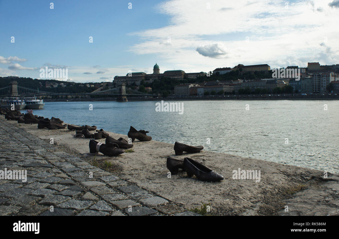 Shoes on the Danube bank near Hungarian Parliament, beautiful cityscape