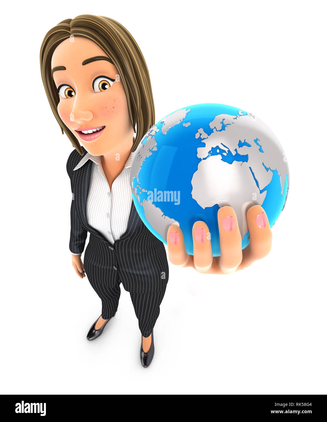 3d business woman holding blue earth, illustration with isolated white background Stock Photo