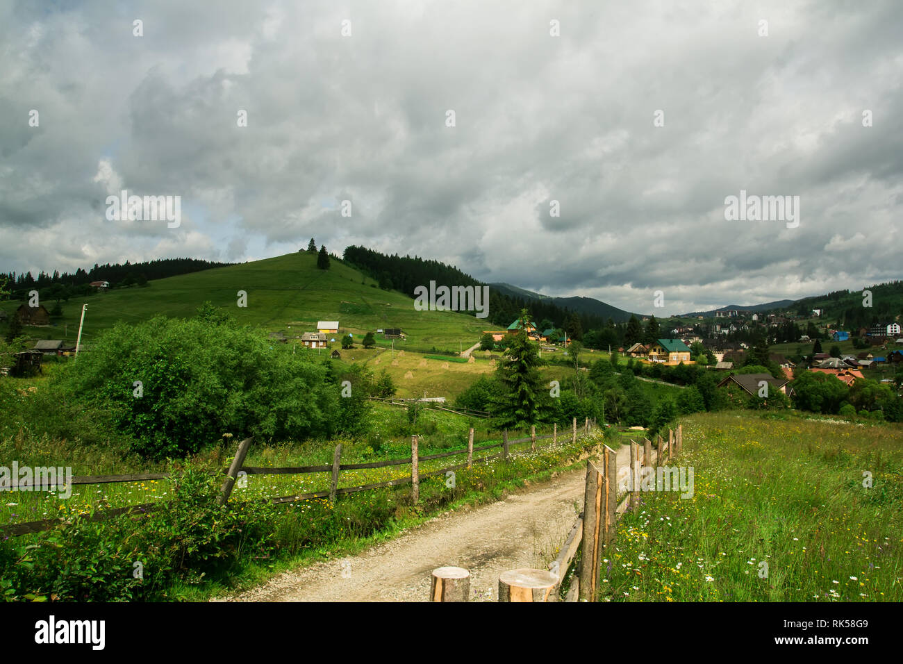 View of the village in the mountains. Summer mountain landscape Stock Photo