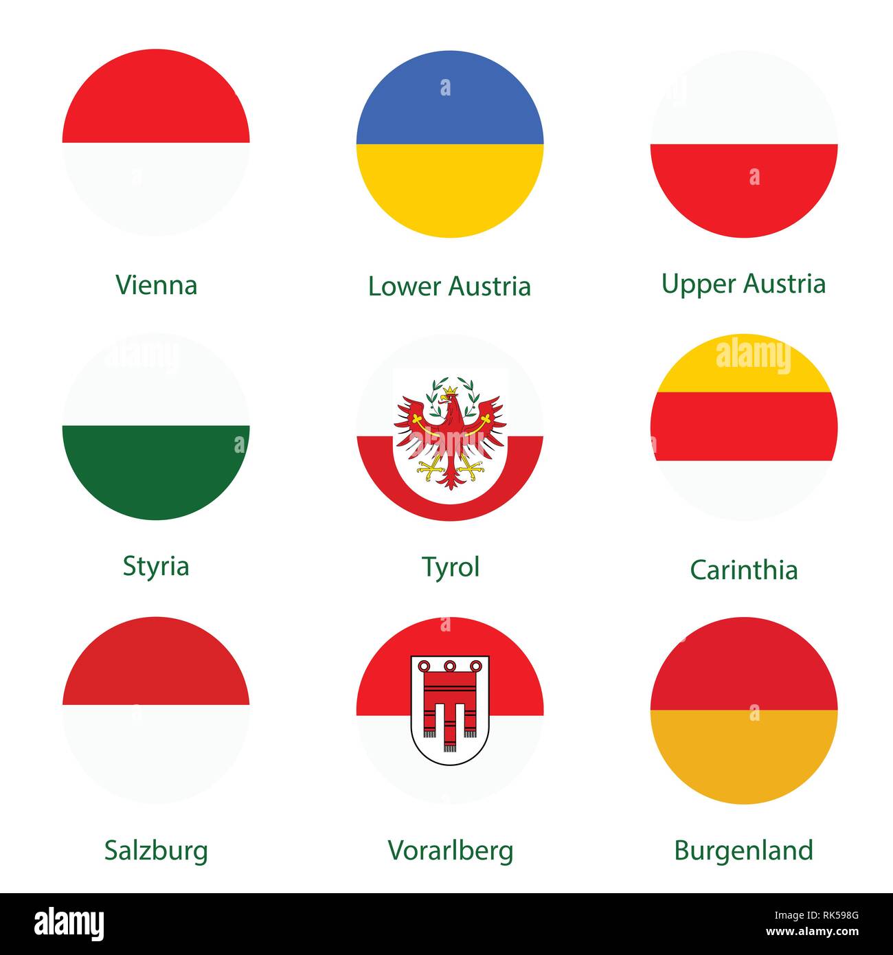 Round vector icon set, collection Austria federal states flags. Burgenland, Vorarlberg, Salzburg, Tyrol, Carinthia, Styria, Lower and Upper Austria. Stock Vector