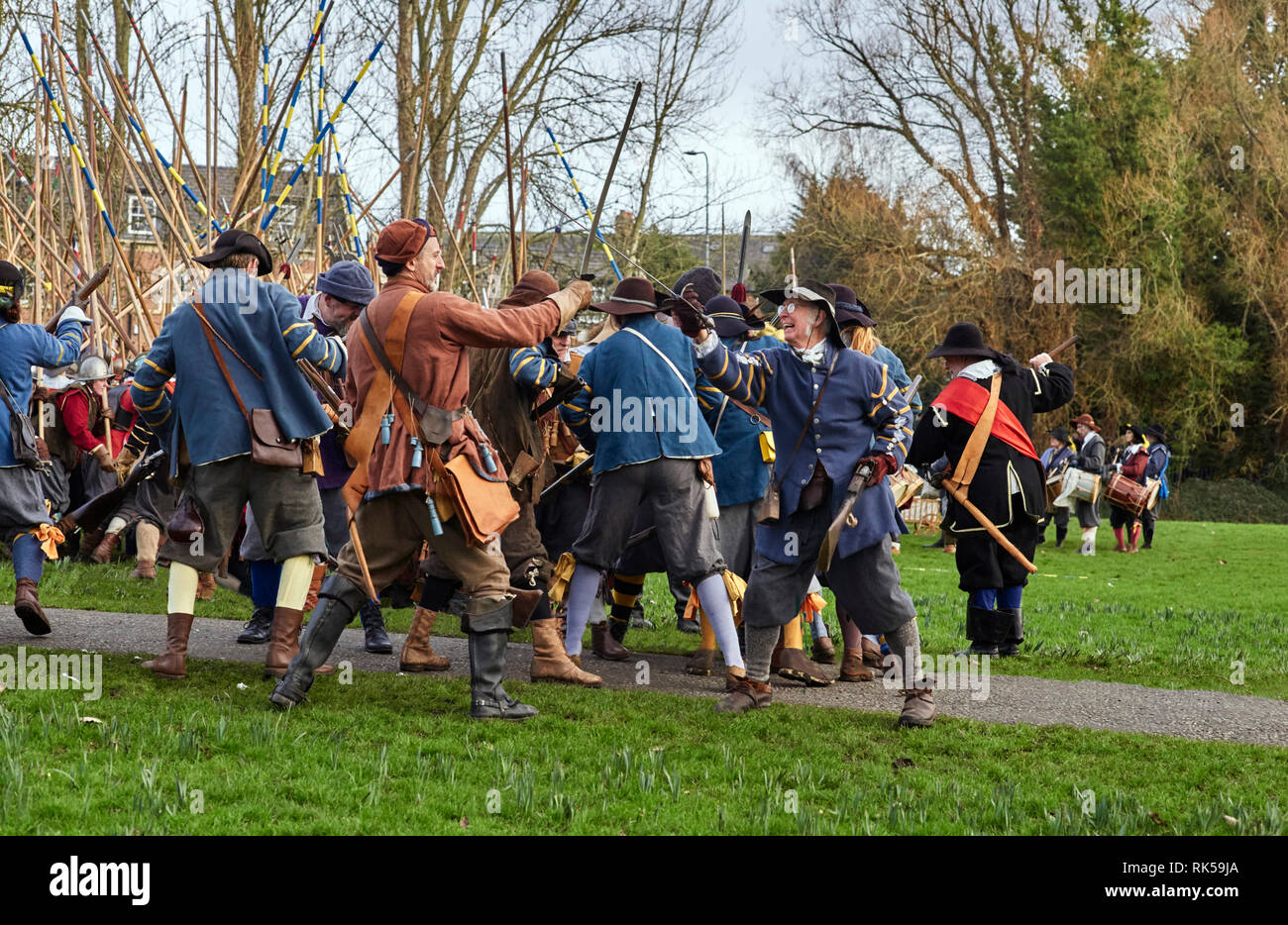 Members of the Sealed Knot stage a sword fight at the 2019 battle of Nantwich re-enactment Stock Photo