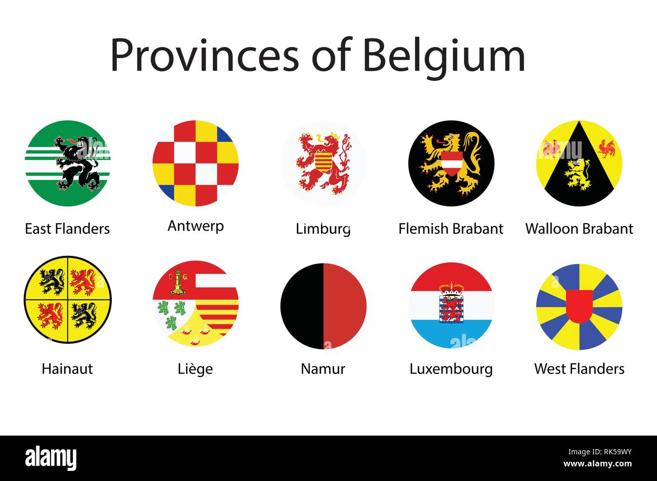 Vector round flags Provinces of Belgium. Belgian states. Stock Vector