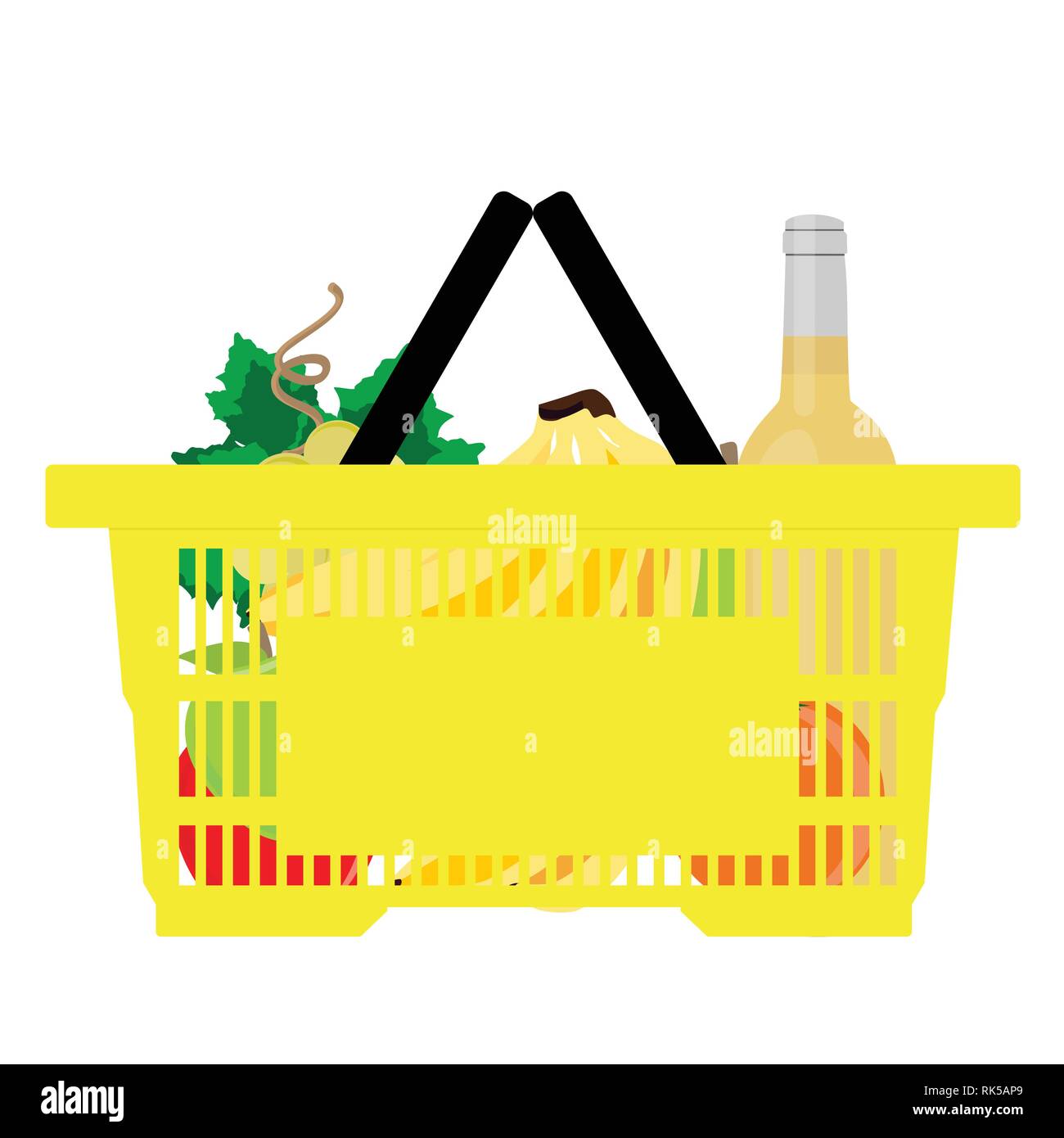 Shopping market basket with variety of grocery products isolated on