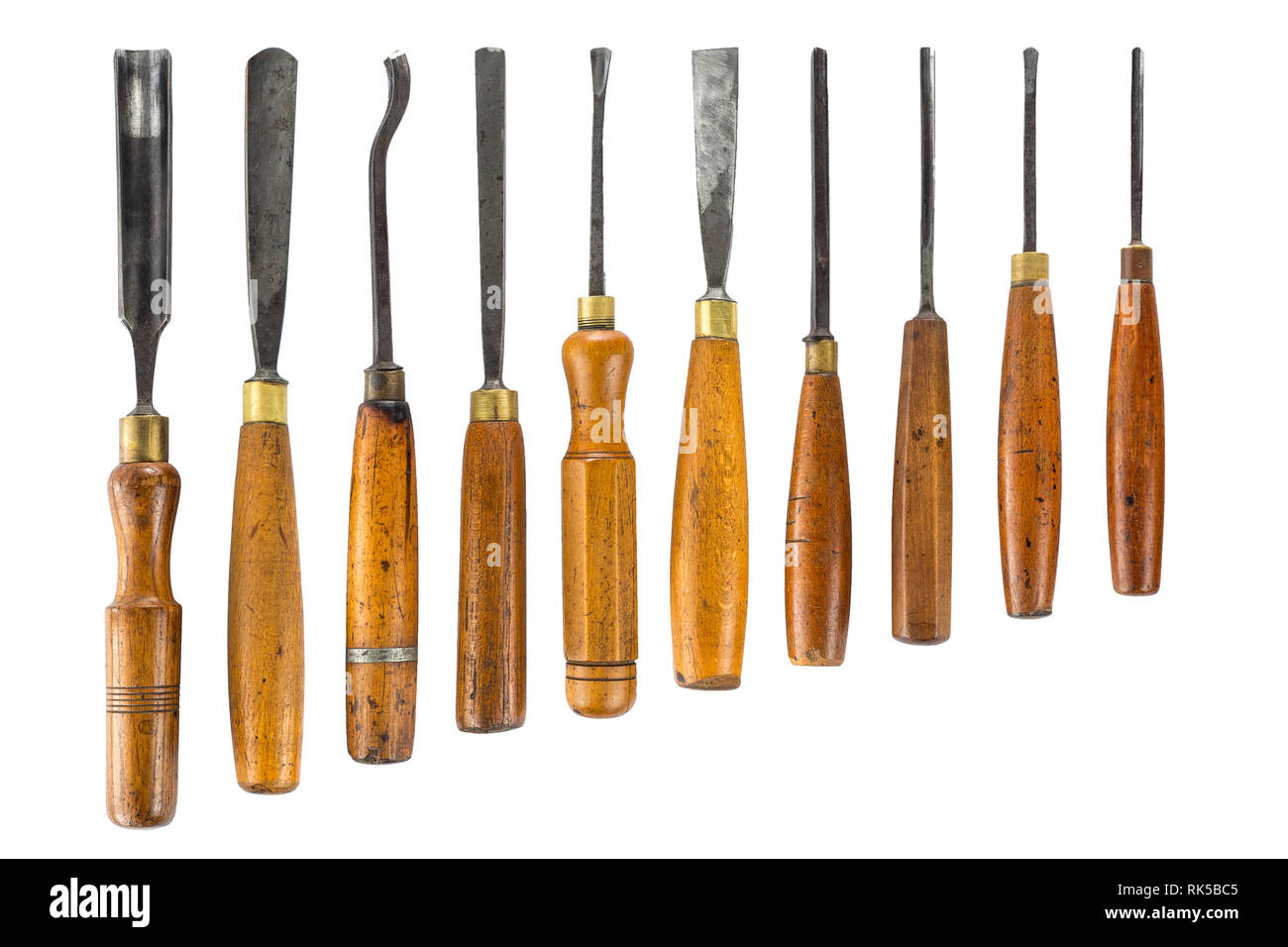 Set of wood chisel for carving wood, sculpture tools on white Stock