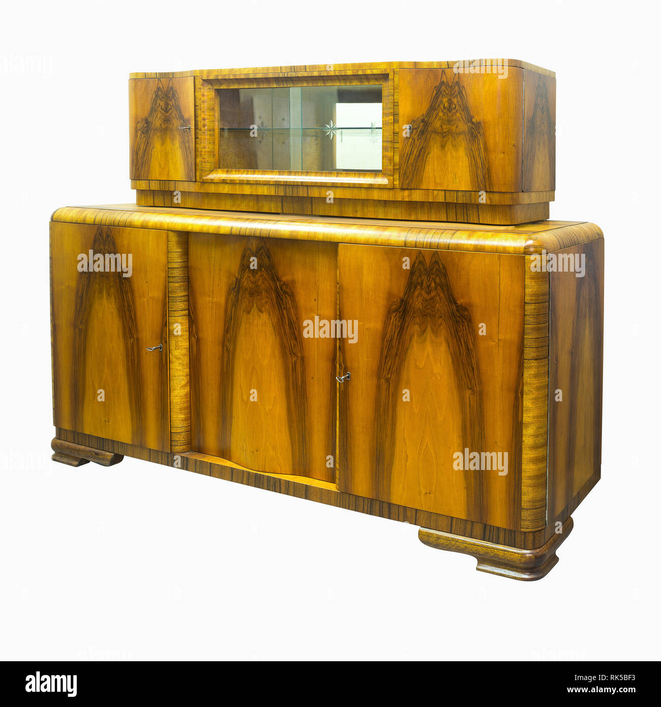 Old Art Deco antique cupboard, walnut, isolated on white Stock Photo