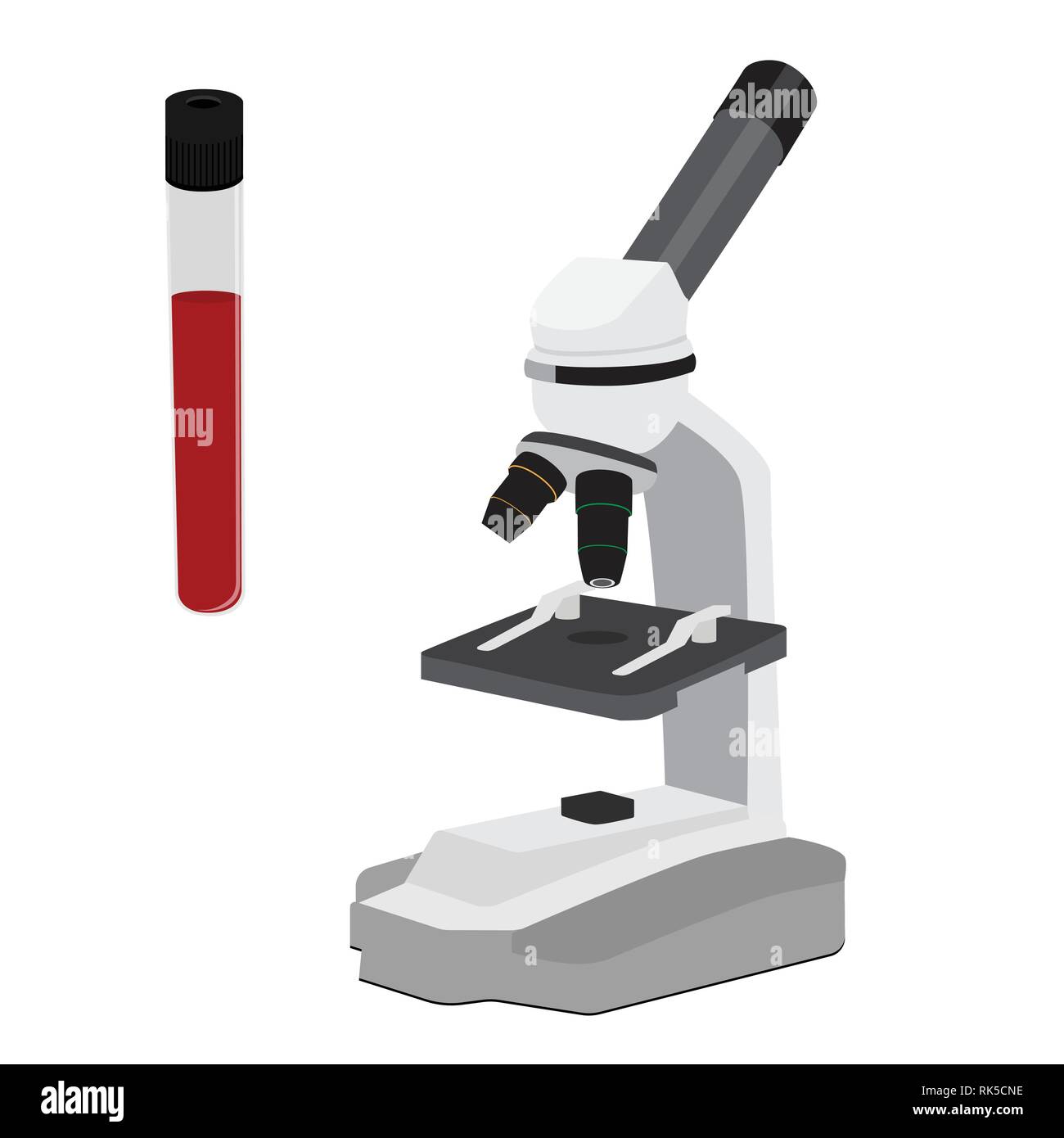 Blood analysis in clinacal lab. Test tubes near microscope on white