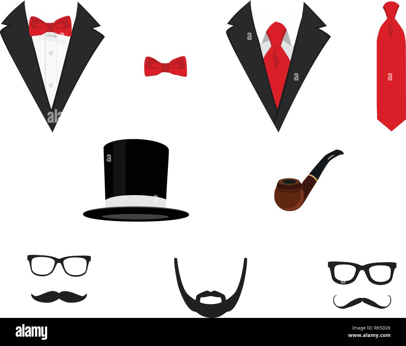 Men's jackets. Tuxedo with mustaches, glasses, beard, pipe and top hat. Wedding suits with bow tie and with necktie. Vector illustration Stock Vector