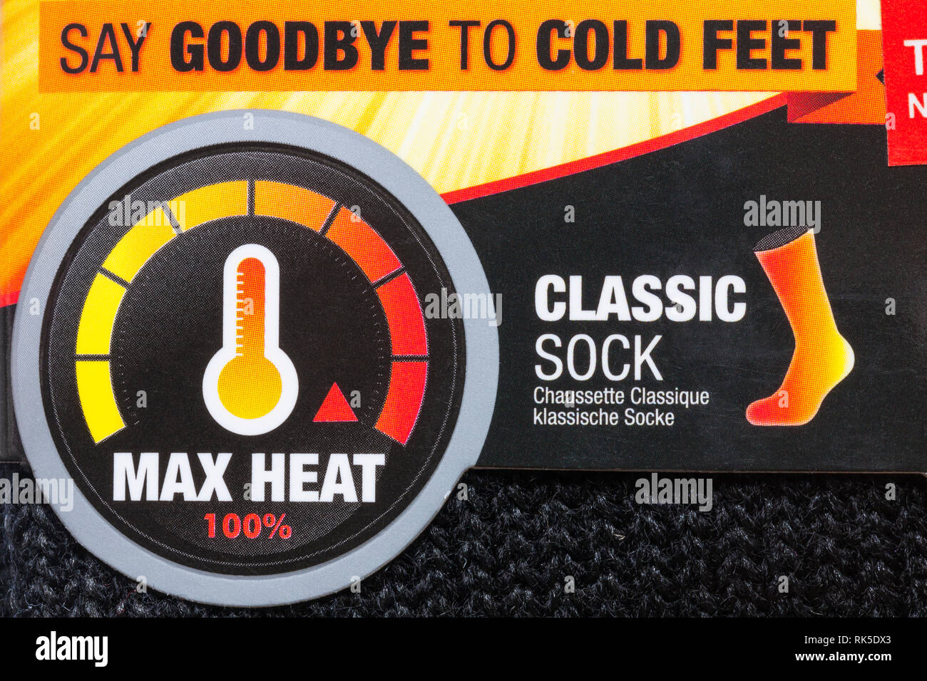 Say goodbye to cold feet max heat 100% detail on label of gelert heat wear  classic sock socks Stock Photo - Alamy