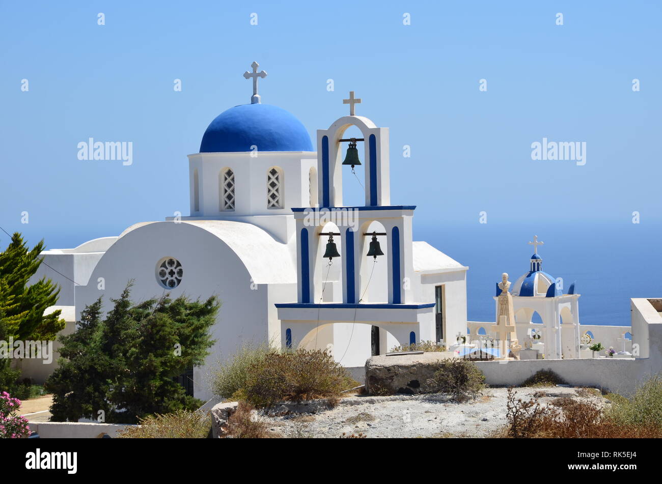 Peaceful morning in Santorini – Greek island – Let the church bells sing for us! Stock Photo