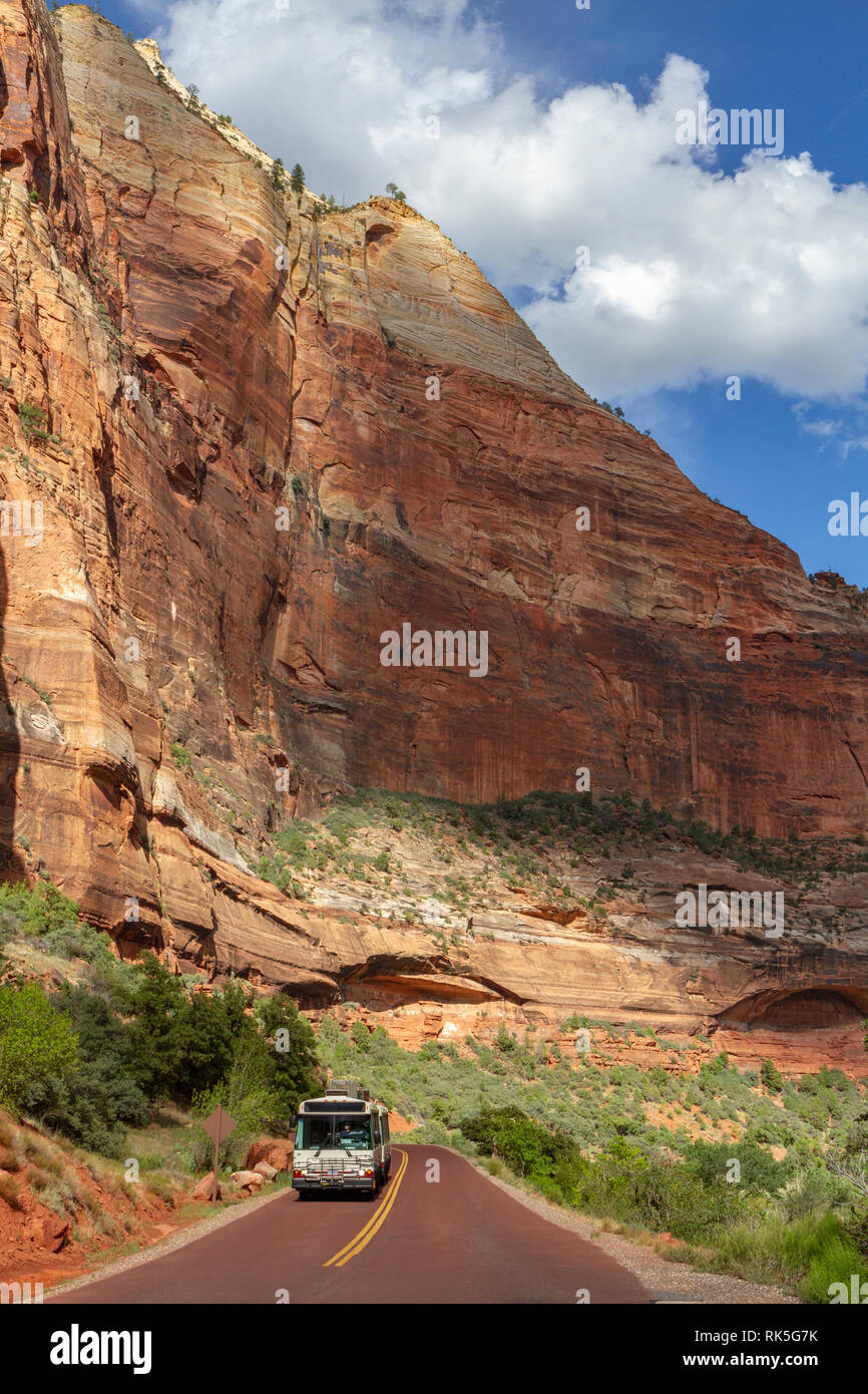Park shuttle bus at Big Bend viewpoint, Zion National Park, Springdale, Utah, United States. Stock Photo