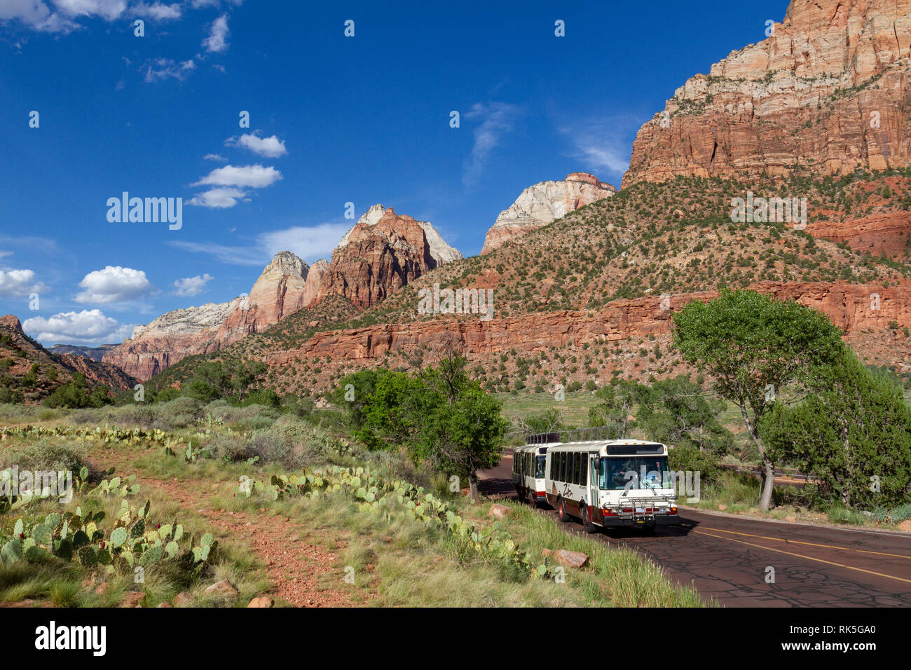 Park shuttle bus in front of Mountain of the Sun and Twin Brothers viewed from close to the visitors centre, Zion National Park, Springdale, UT, USA. Stock Photo