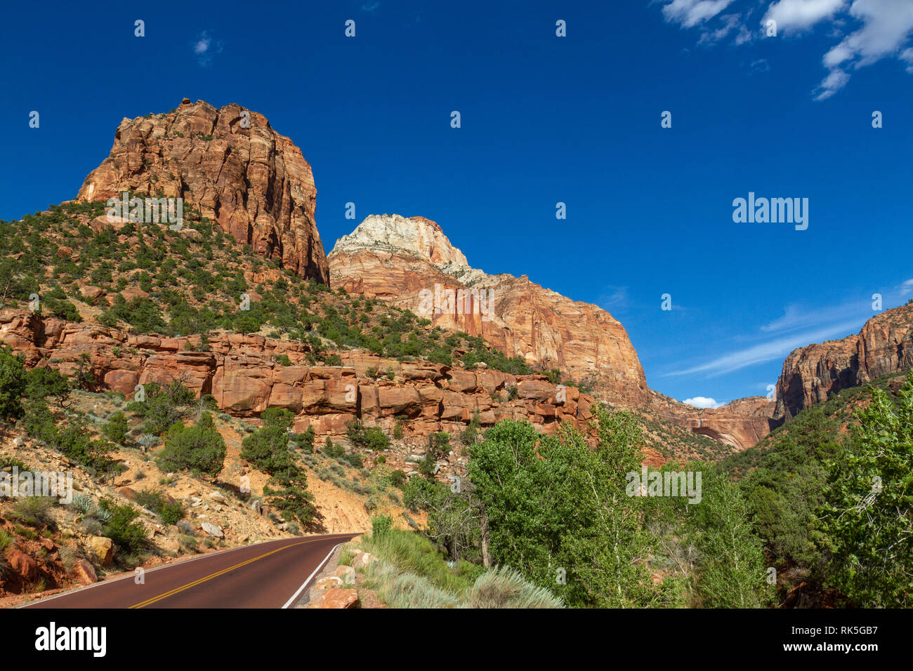 View towards the East Temple along Route 9 heading east away from Zion Canyon in the Zion National Park, Utah, United States. Stock Photo