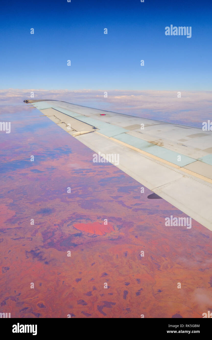 Vertical Image, Looking Down on Uluru/Ayer's Rock from a Qantas Plane, Australia Stock Photo
