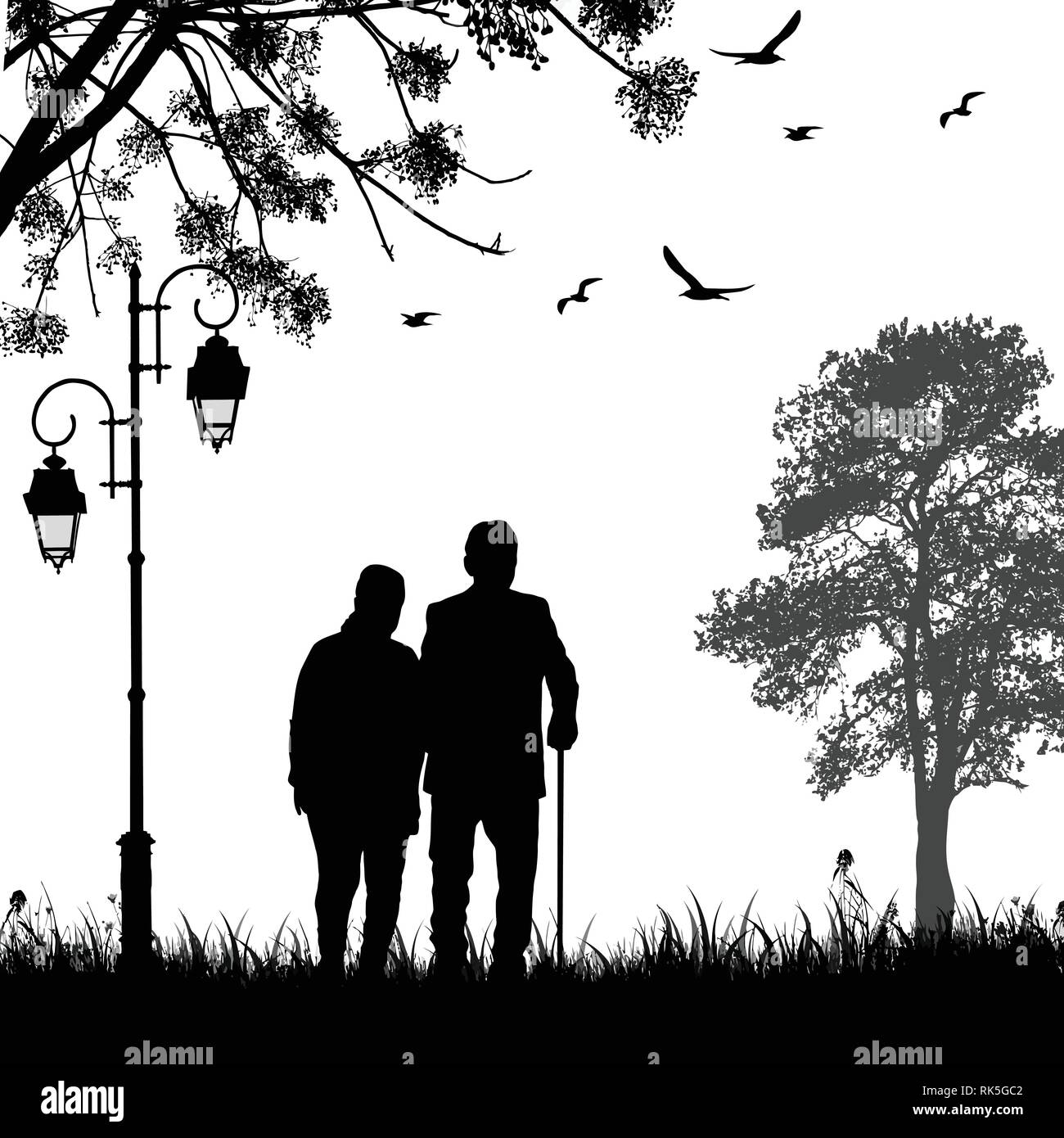 Retired elderly couple silhouette walking in the park, vector illustration Stock Vector