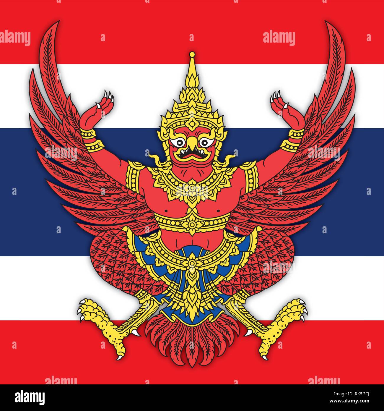 Kingdom of Thailand coat of arms and national flag Stock Vector