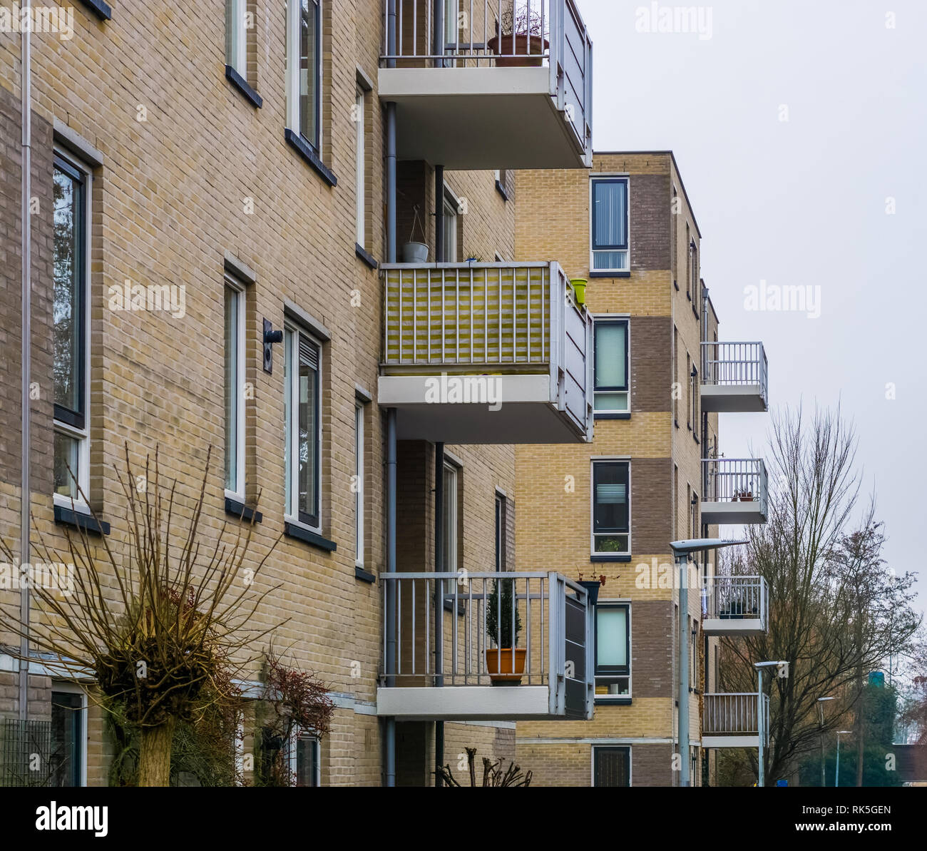 Modern Dutch architecture in Hilversum, apartment complex with balcony