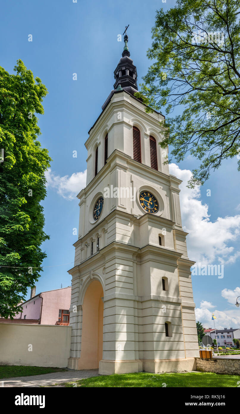 Neo-baroque bell tower at Collegiate Church in thermal spa town of Uniejow in Wielkopolska or Greater Poland region, Poland Stock Photo