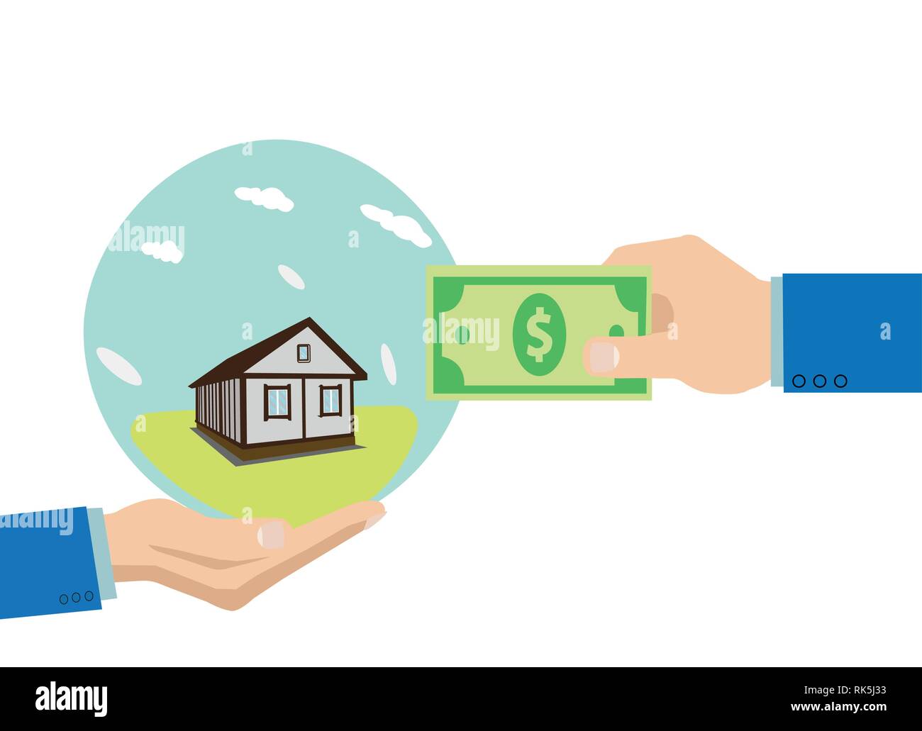 Vector of hands with dollar money and a house. Real estate banner concept Stock Vector