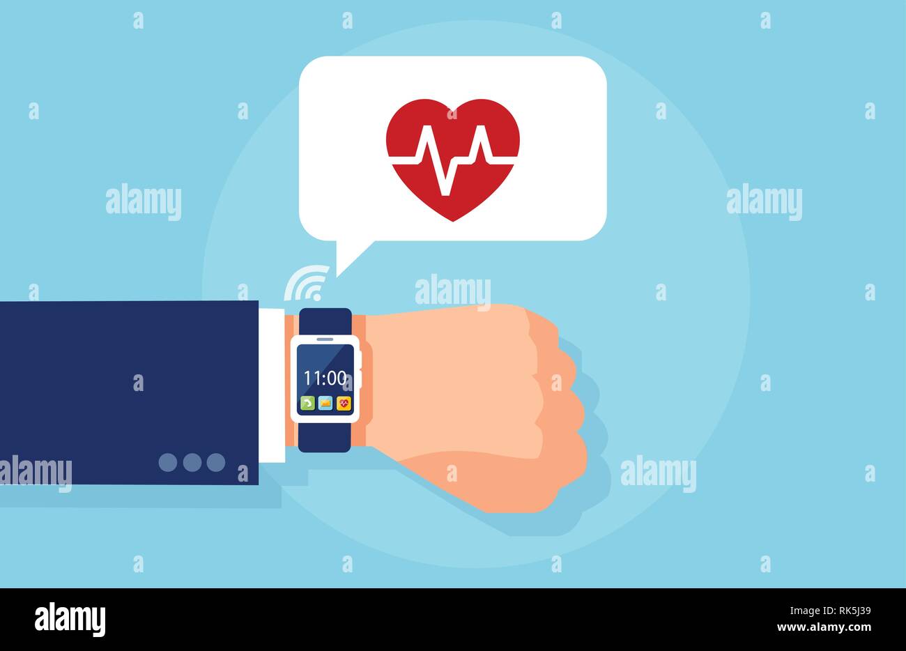 Modern technology and health monitoring concept. Vector of a hand with smartwatch measuring heart rate Stock Vector