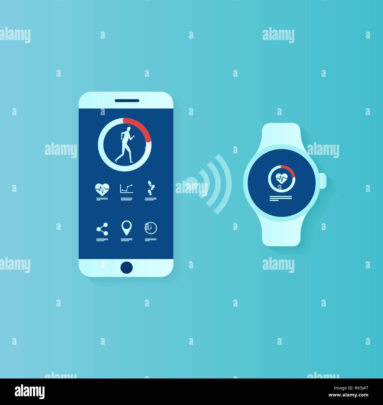 Fitness tracker app concept. Vector of user interface for smartwatch and smartphone being synchronized Stock Vector