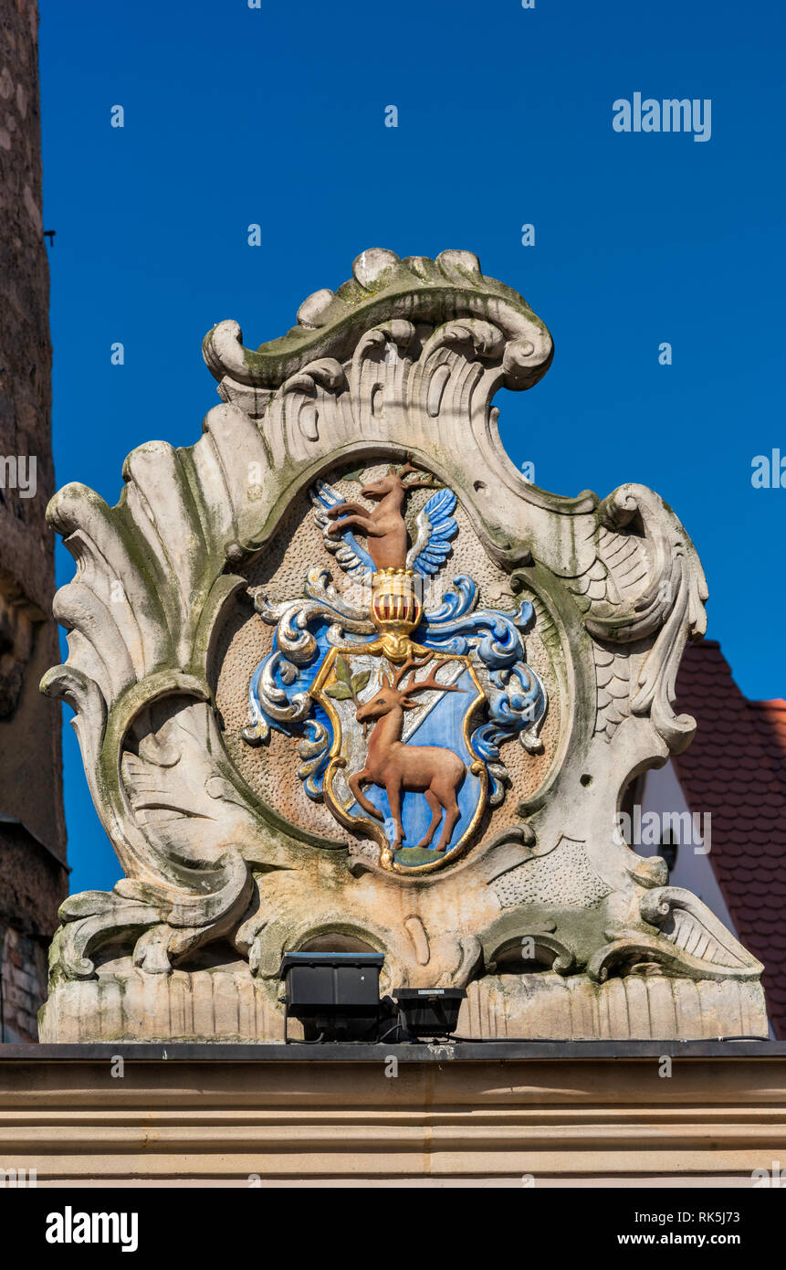 Coat of arms of city of Jelenia Gora at Wojanowska Gate, Jelenia Gora, Lower Silesia, Poland Stock Photo