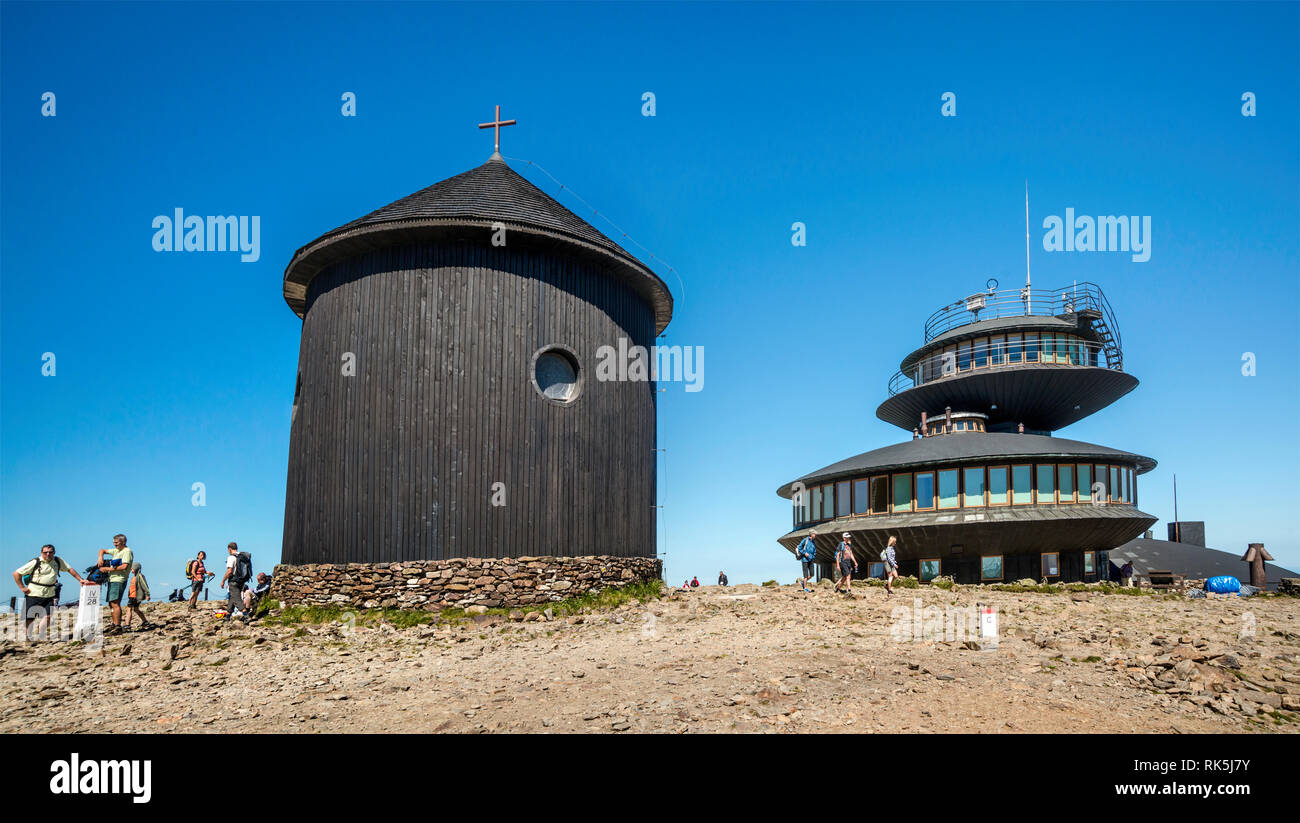 Chapel, meteo observatory, restaurant on Polish side of border with Czech Republic, on top of Sniezka in Karkonosze Mountains Stock Photo
