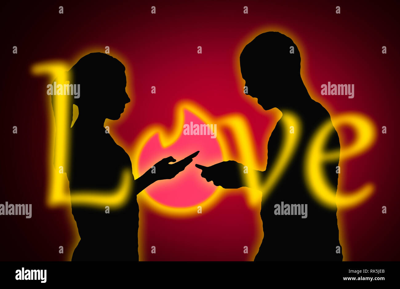 Silhouettes of a couple of people facing each other using the Tinder app on smartphones to find love online. Internet dating concept. Stock Photo
