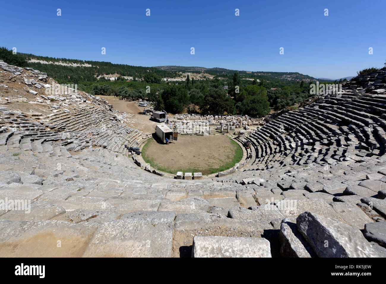 The Hellenistic theatre, built on a natural slope of a hill, ancient Stratonicea, Eskihisar, Turkey. The theatre is of Greek type with two diazomas an Stock Photo