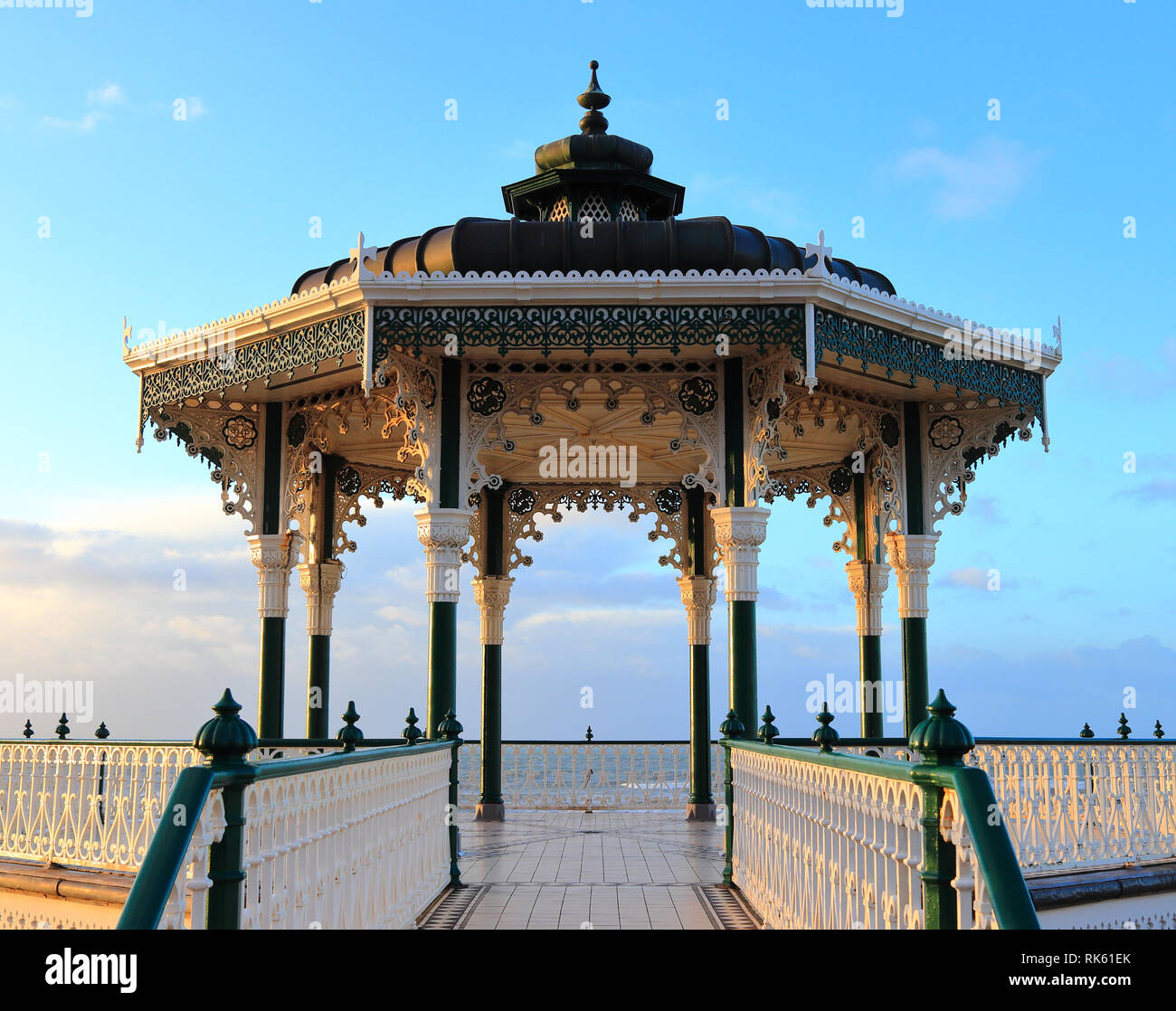 Brighton Bandstand pavilion on a quiet morning, sunlit by the winter sun in February. Victorian landmark, Brighton and Hove, East Sussex, UK. Stock Photo