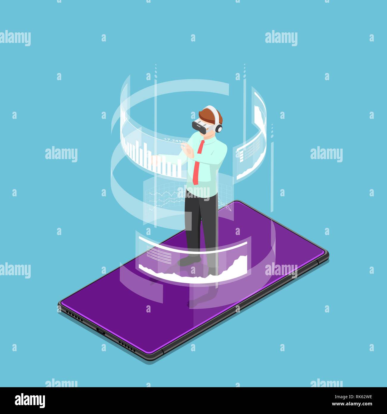 Flat 3d isometric businessman wearing virtual reality headset and standing on smartphone. Augmented and virtual reality technology concept. Stock Vector