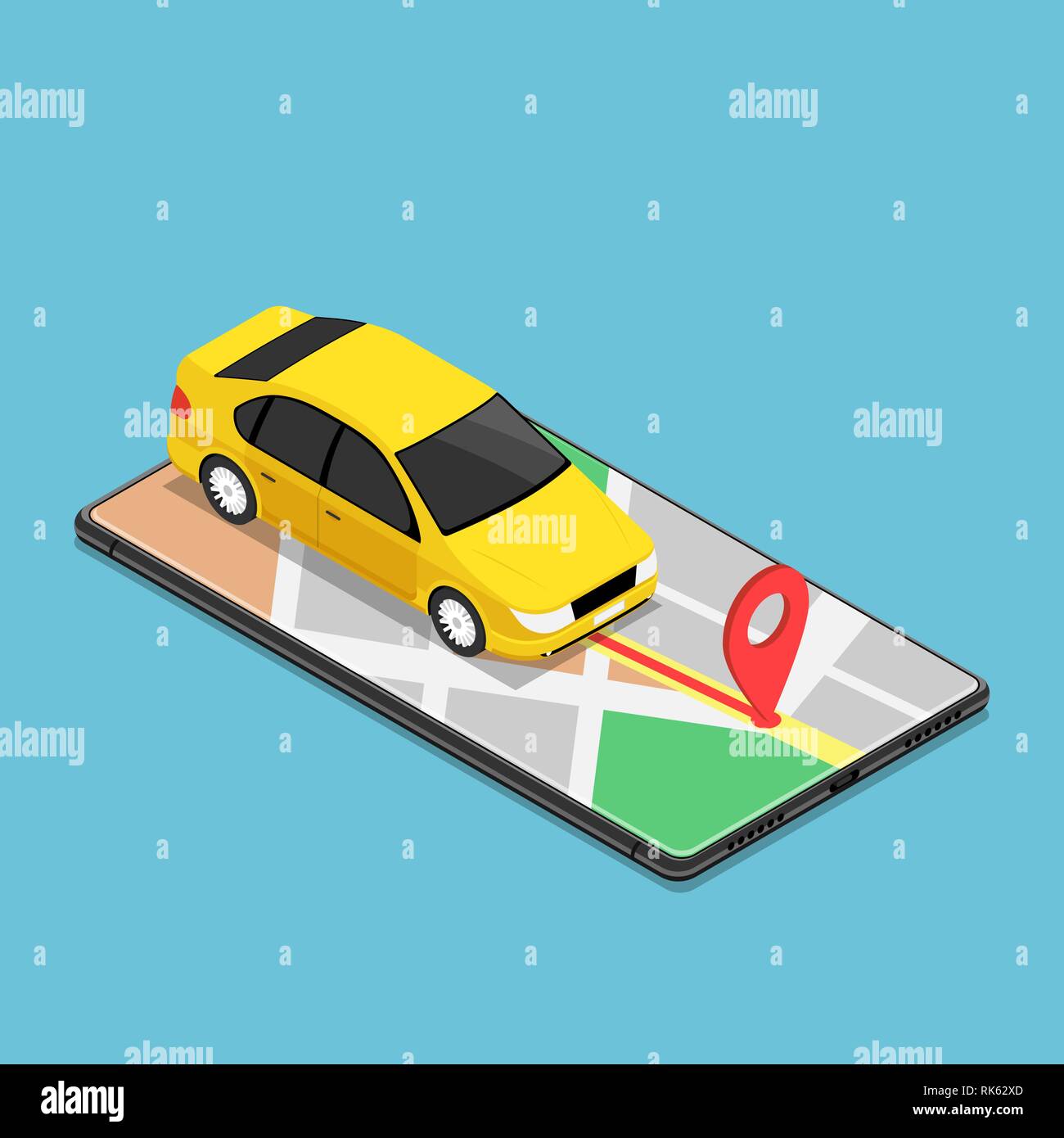 Flat 3d isometric car use gps map navigation application on smartphone. Mobile gps map navigation technology concept. Stock Vector