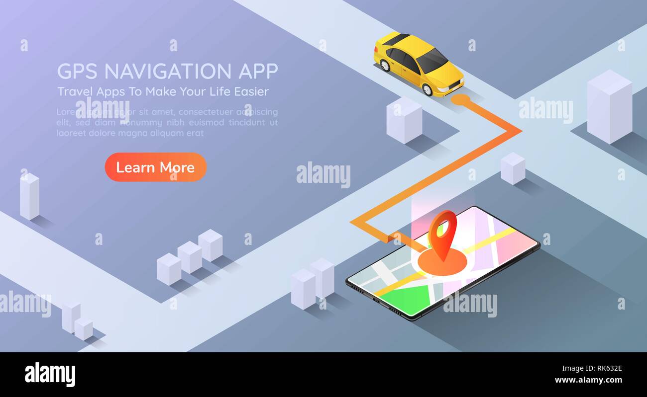 3d isometric web banner car going to pin point at the gps map navigation application on smartphone. Mobile gps map navigation technology concept landi Stock Vector